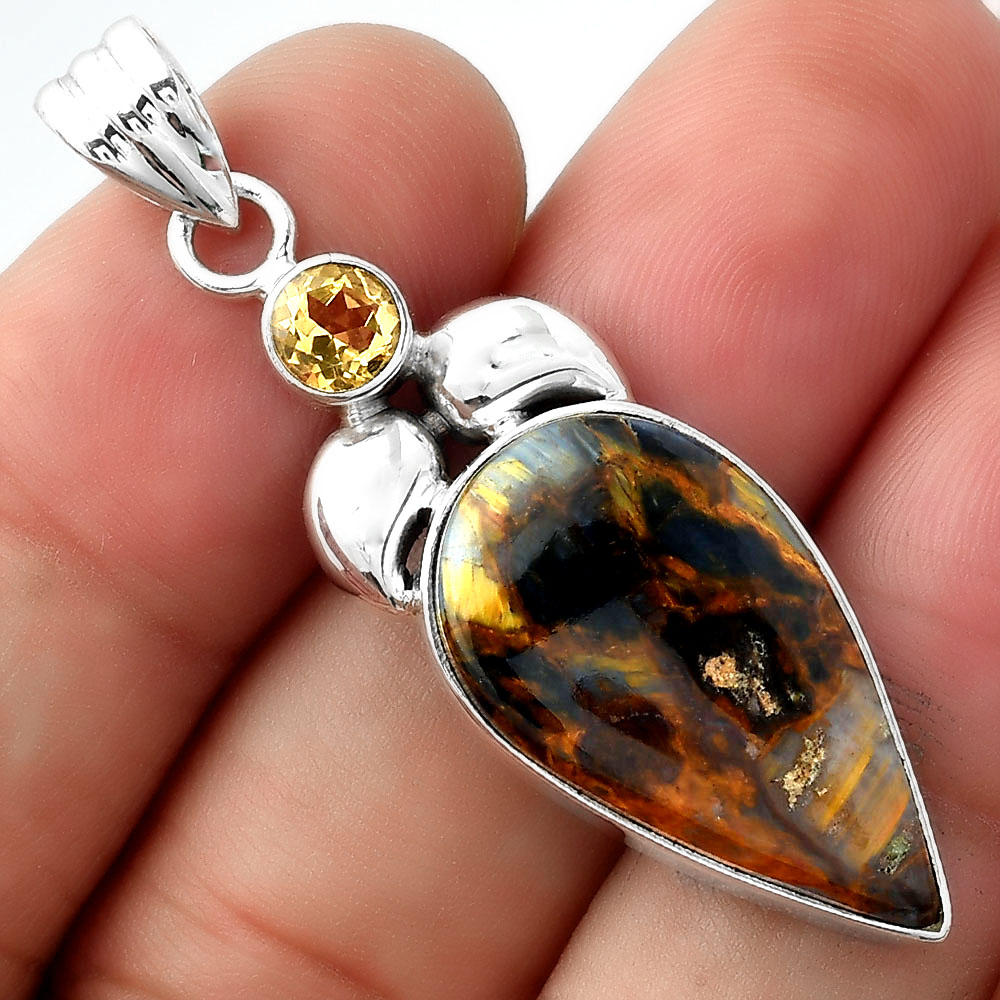 Natural Pietersite Namibia & Citrine 925 Sterling Silver Pendant Jewelry P-1683