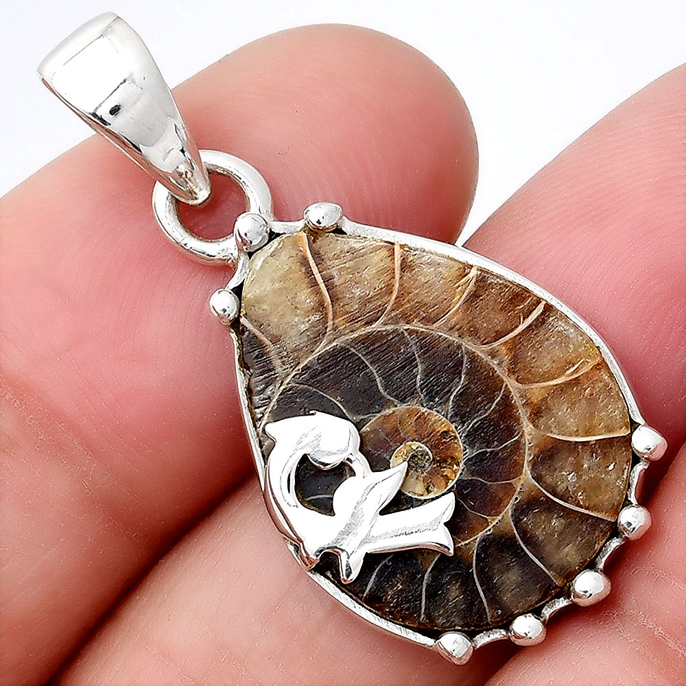 Natural Fossil Ammonite 925 Sterling Silver Pendant Jewelry P-5573