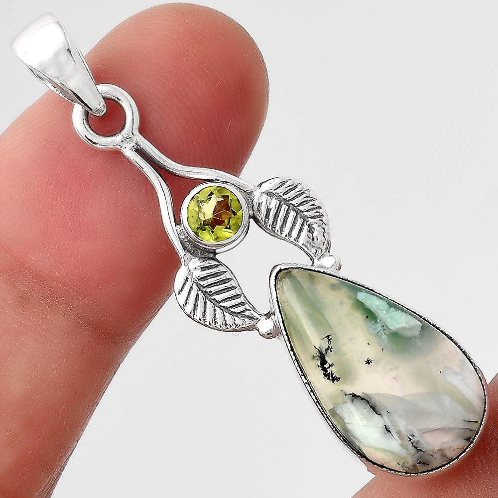 Dendritic Chrysoprase Africa and Peridot 925 Silver Pendant Jewelry P-1416