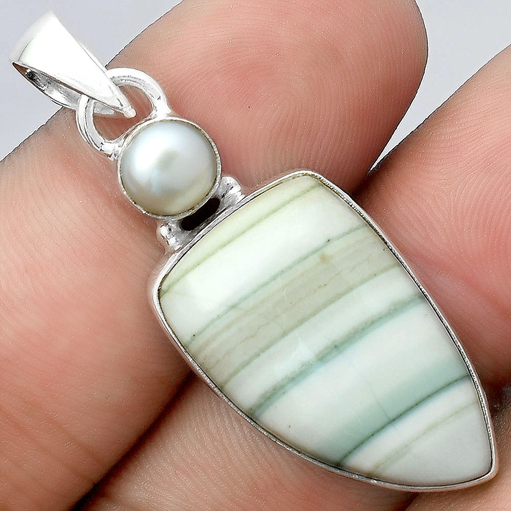 Natural Saturn Chalcedony & Pearl 925 Sterling Silver Pendant Jewelry P-1098