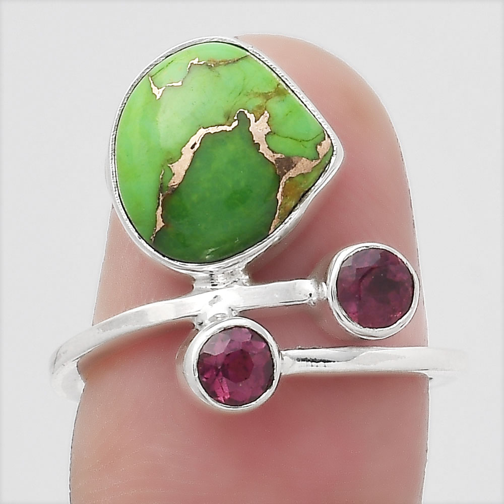 Copper Green Turquoise and Garnet 925 Sterling Silver Ring s.6.5 Jewelry R-1237