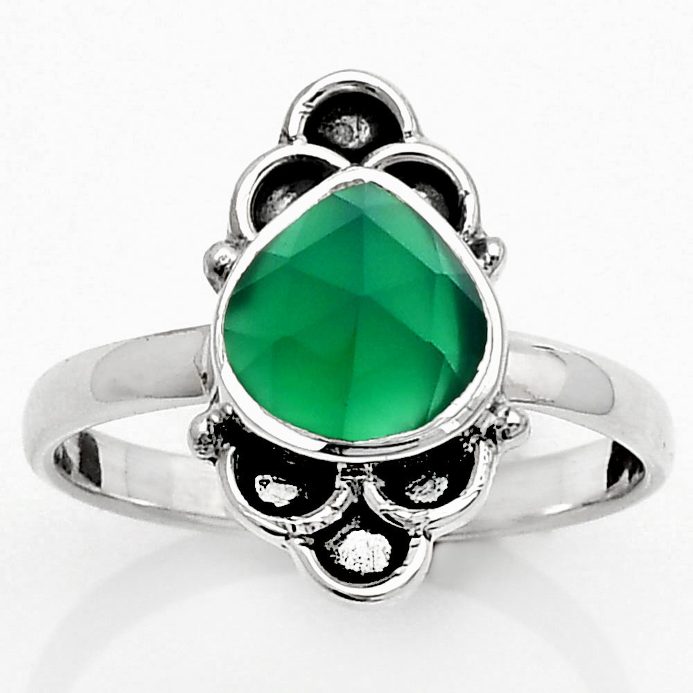 Faceted Natural Green Onyx 925 Sterling Silver Ring s.8 Jewelry R-1104