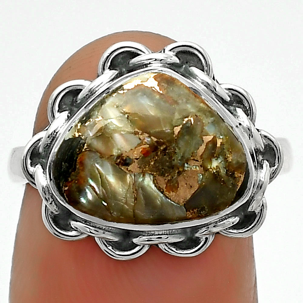 Natural Copper Abalone Shell 925 Sterling Silver Ring s.7.5 Jewelry R-1093