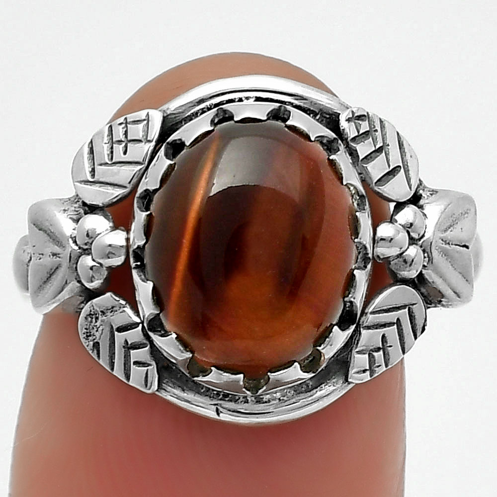 Southwest Design - Red Tiger Eye 925 Sterling Silver Ring s.8 Jewelry R-1352