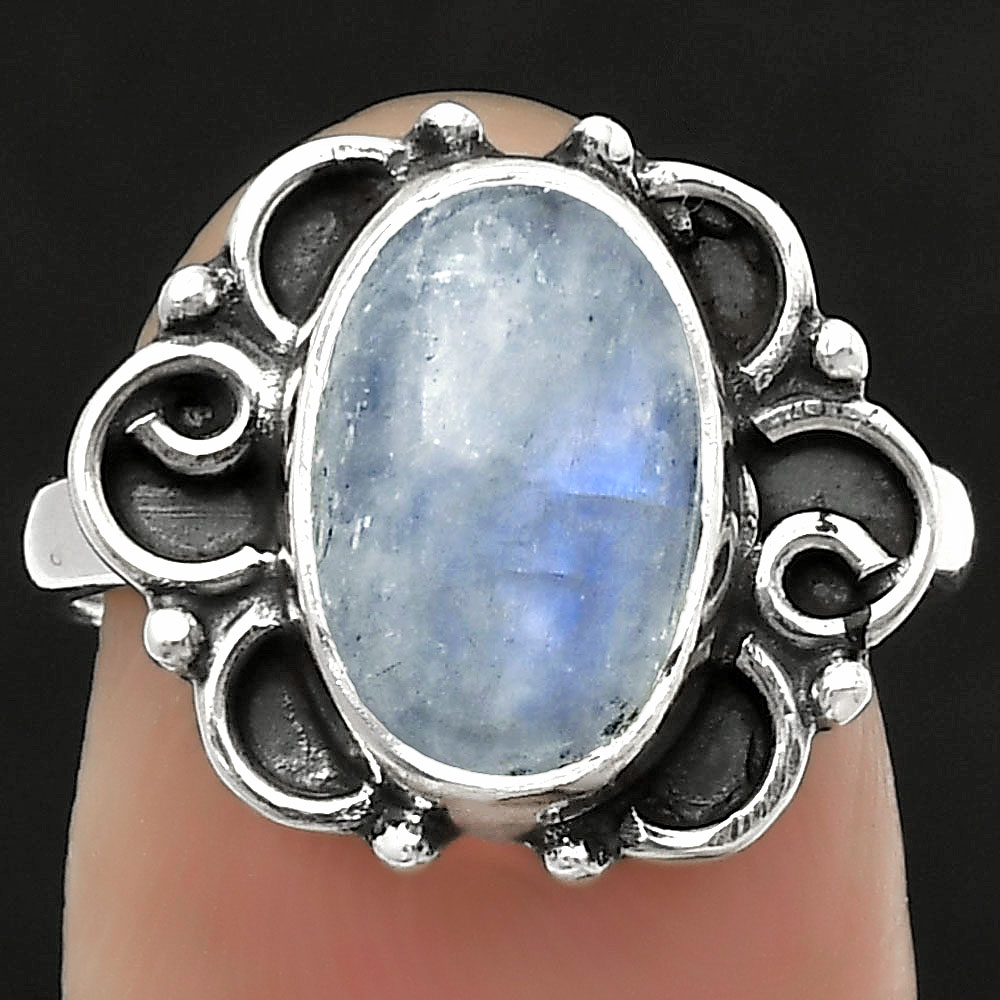 Natural Rainbow Moonstone - India 925 Sterling Silver Ring s.7 Jewelry R-1137