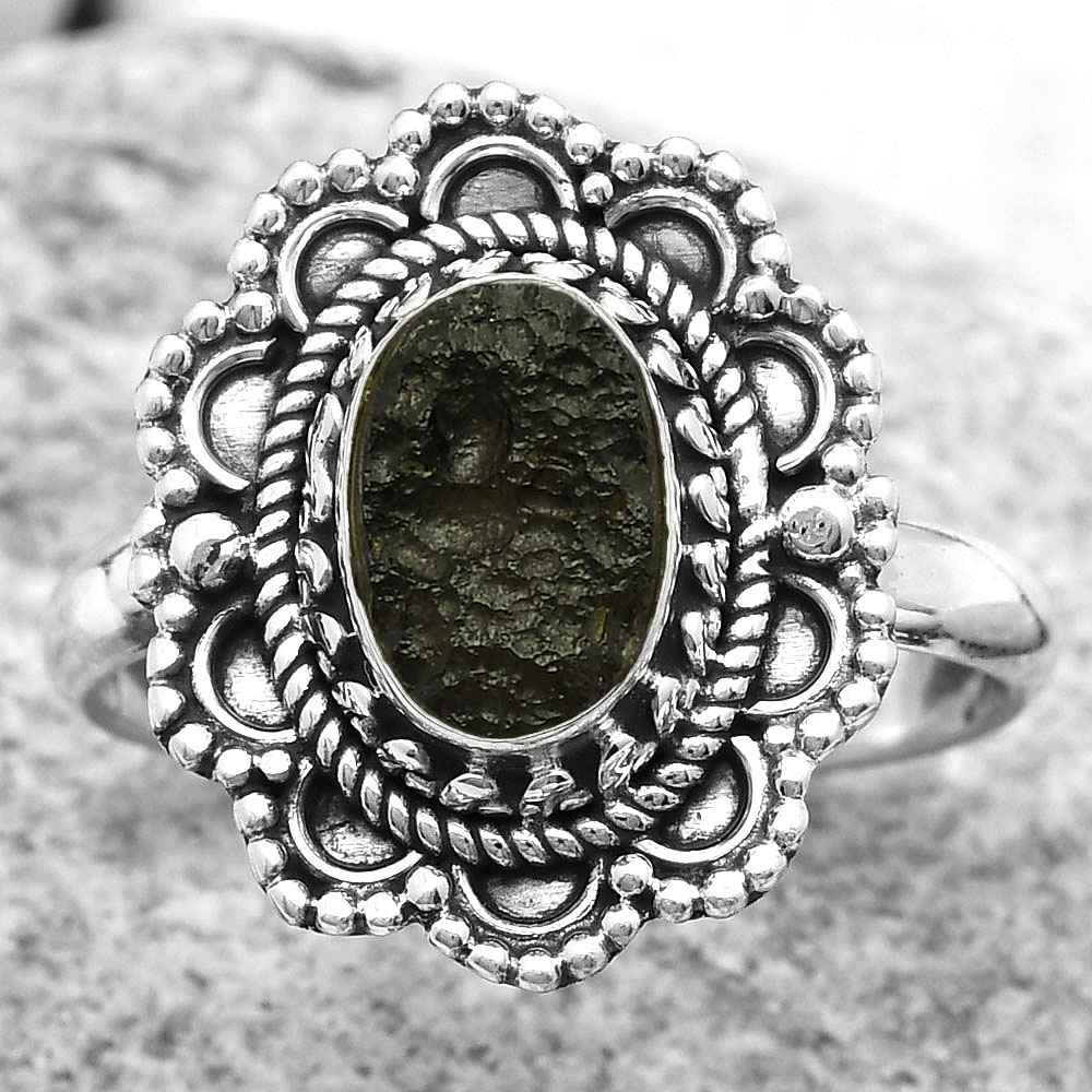 Natural Tektite Rough - Greek 925 Sterling Silver Ring s.9 Jewelry R-1256