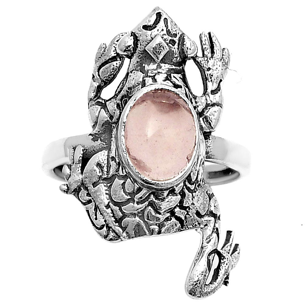Frog - Rose Quartz - Madagascar 925 Sterling Silver Ring s.7.5 Jewelry R-1113