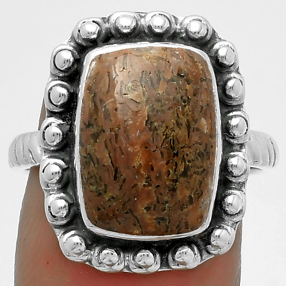 Natural Dinosaur Bone 925 Sterling Silver Ring s.8 Jewelry R-1124