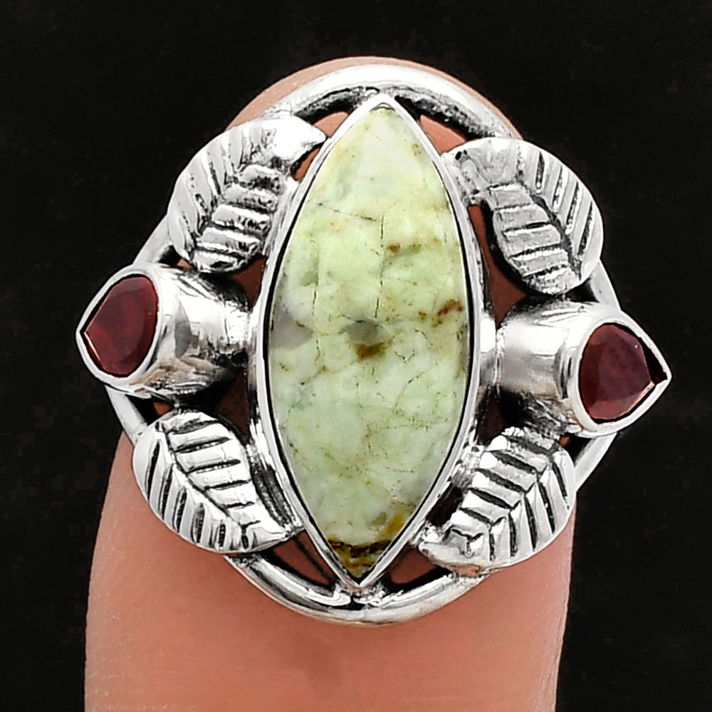 Southwest - Dendritic Chrysoprase & Garnet 925 Silver Ring s.7 Jewelry R-1303