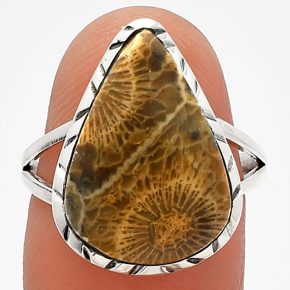 Natural Flower Fossil Coral 925 Sterling Silver Ring s.8 Jewelry R-1074