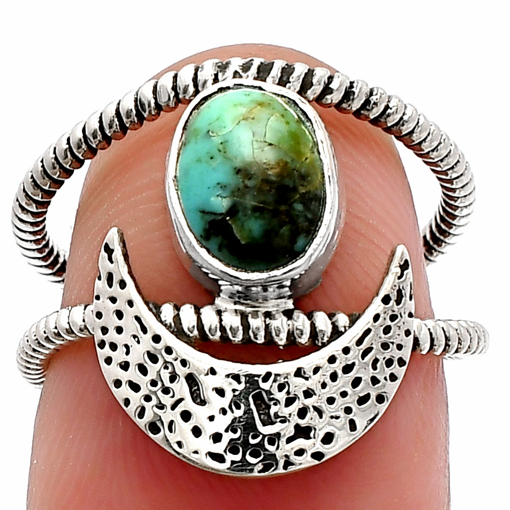 Crescent Moon Natural Turquoise Morenci Mine 925 Silver Ring s.6 Jewelry R-1454