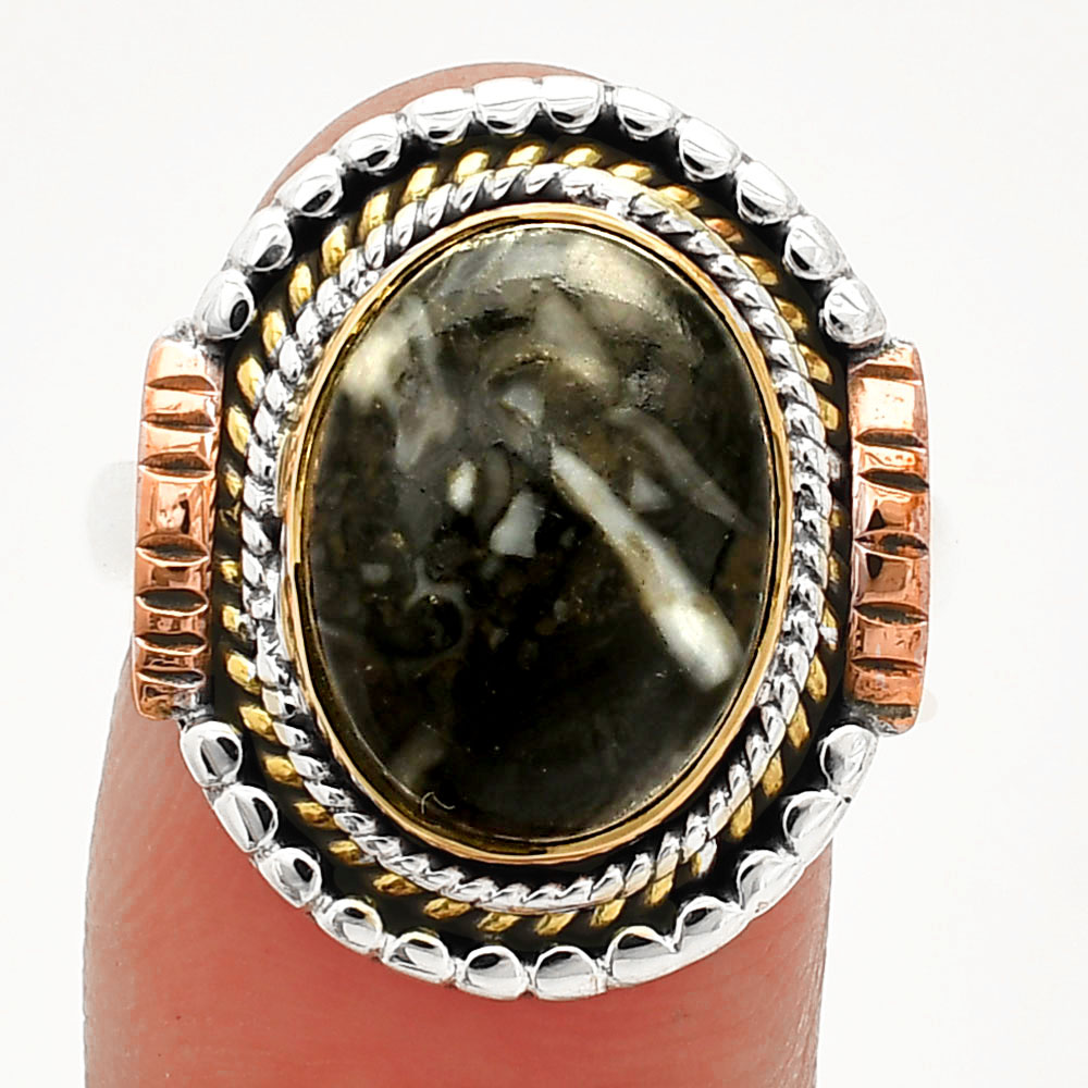 Two Tone - Mexican Cabbing Fossil 925 Sterling Silver Ring s.9 Jewelry R-1414