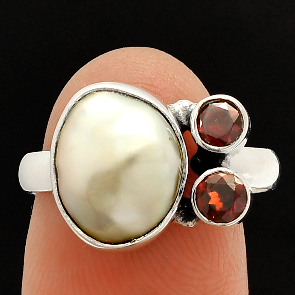 Natural Fresh Water Biwa Pearl & Garnet 925 Silver Ring s.8.5 Jewelry R-1122