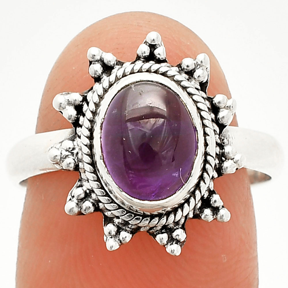 Natural Amethyst Cab - Brazil 925 Sterling Silver Ring s.8 Jewelry R-1095