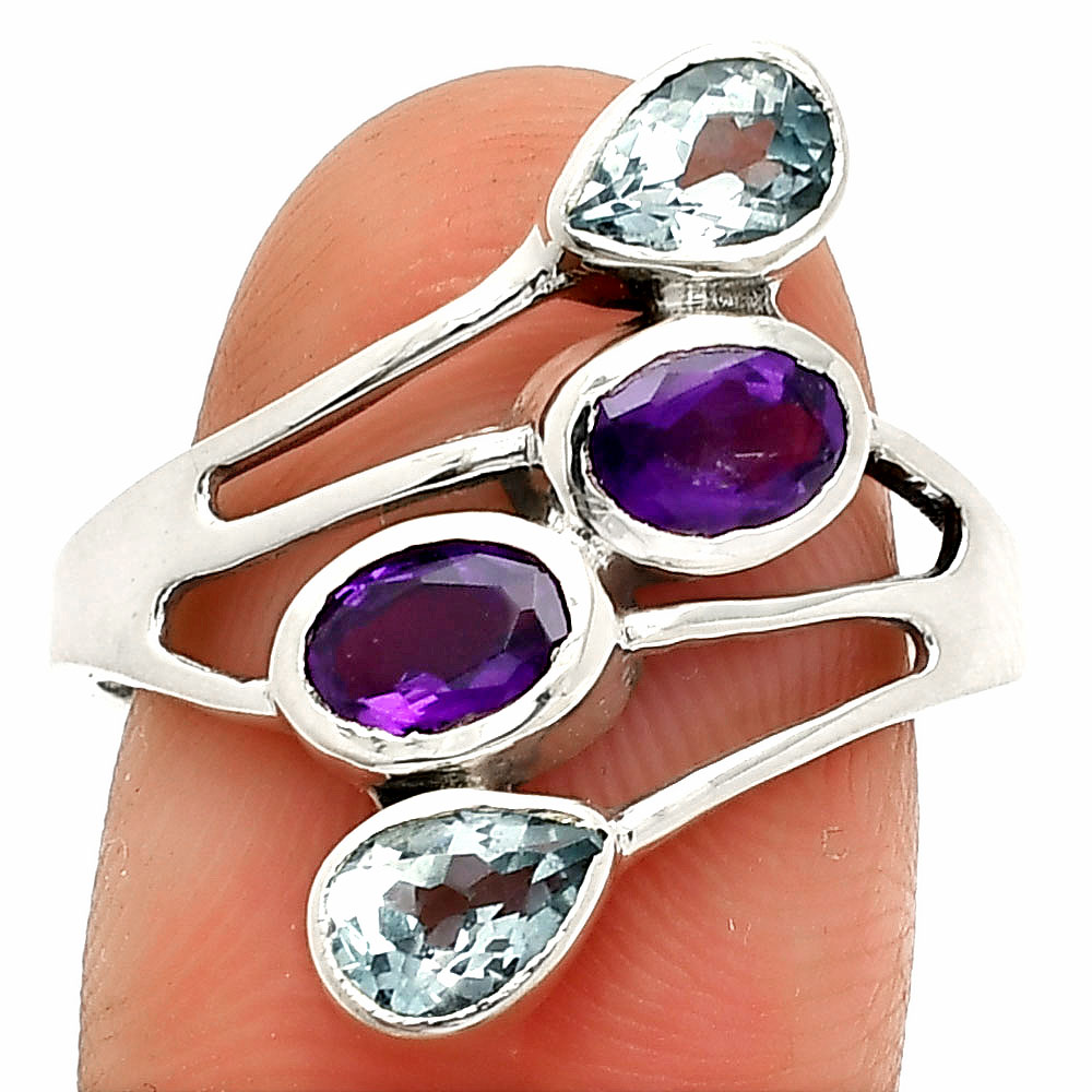 African Amethyst & Sky Blue Topaz 925 Sterling Silver Ring s.9 Jewelry R-1053