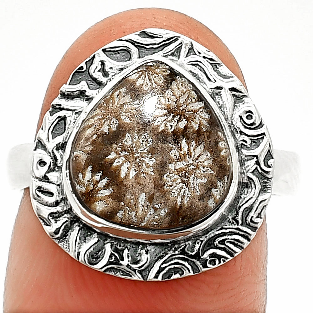 Natural Flower Fossil Coral 925 Sterling Silver Ring s.8 Jewelry R-1649