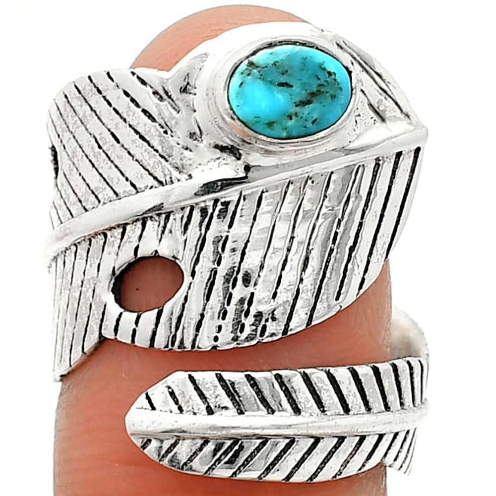 Adjustable Feather - Natural Turquoise Morenci Mine 925 Silver Ring s.8 R-1473