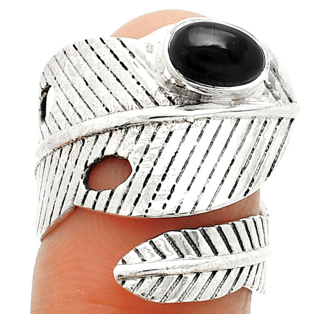 Adjustable Feather - Black Onyx 925 Sterling Silver Ring s.7 Jewelry R-1473