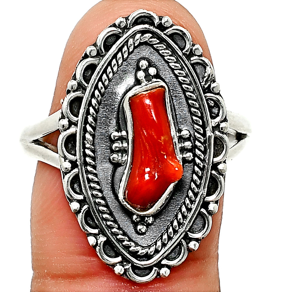 Natural Coral Stick 925 Sterling Silver Ring s.9 Jewelry R-1557