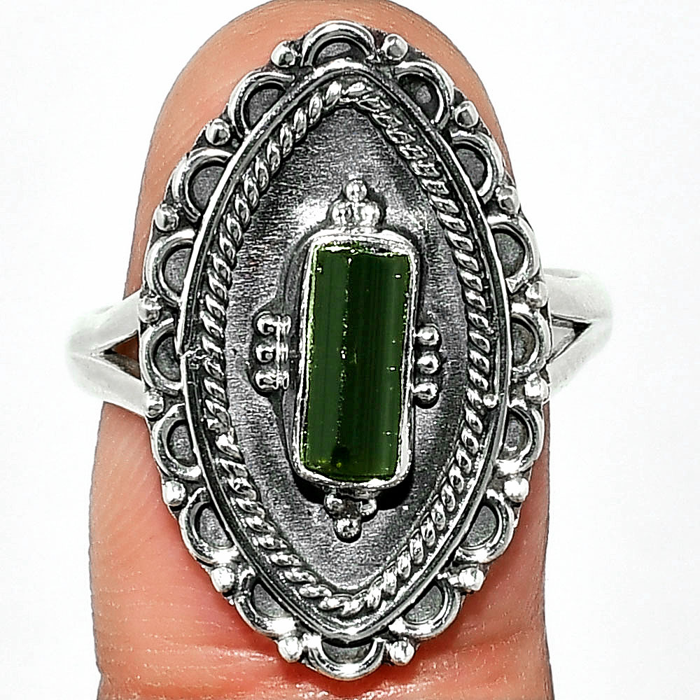 Natural Green Tourmaline Stick 925 Sterling Silver Ring s.8.5 Jewelry R-1557