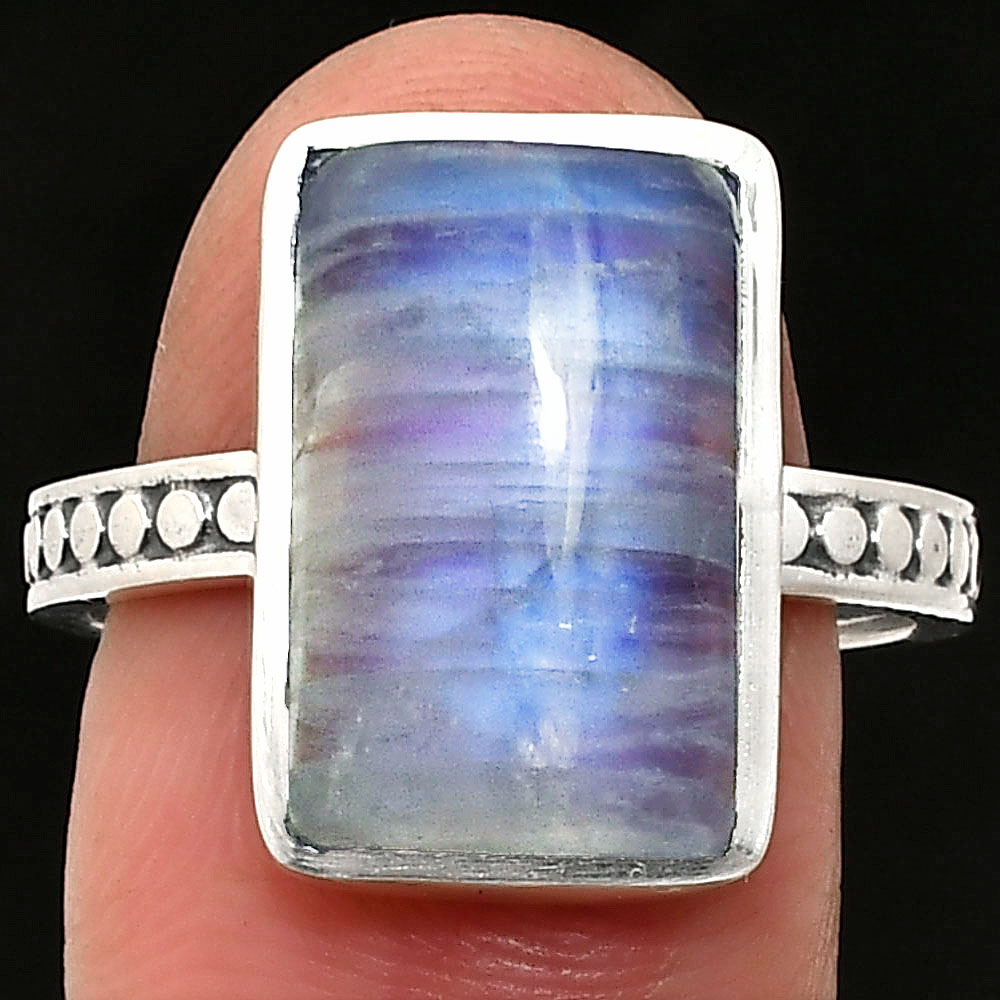Natural Rainbow Moonstone - India 925 Sterling Silver Ring s.9 Jewelry R-1060