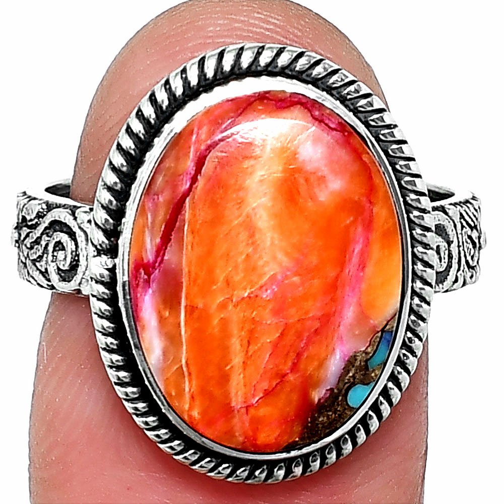 Kingman Orange Dahlia Turquoise 925 Sterling Silver Ring s.8 Jewelry R-1067