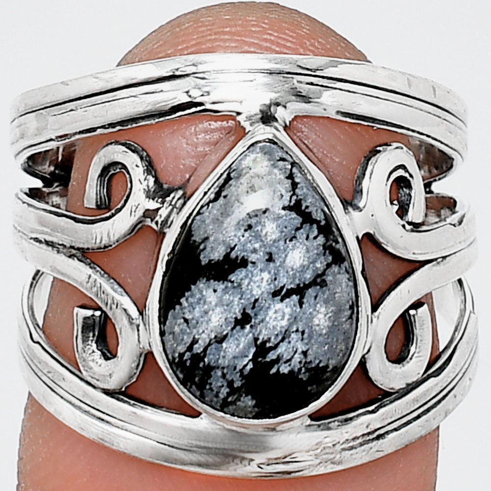 Natural Snow Flake Obsidian 925 Sterling Silver Ring s.7