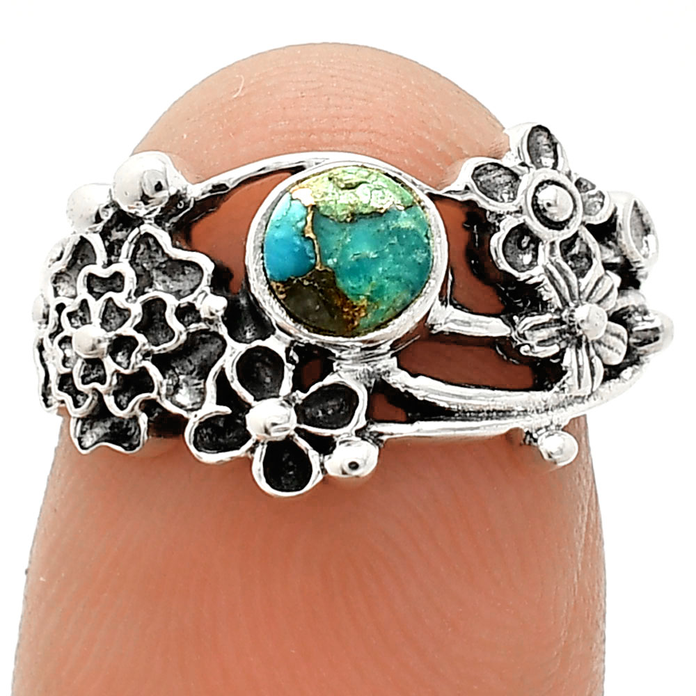 Floral Kingman Copper Teal Turquoise 925 Sterling Silver Ring s.6 Jewelry R-1041