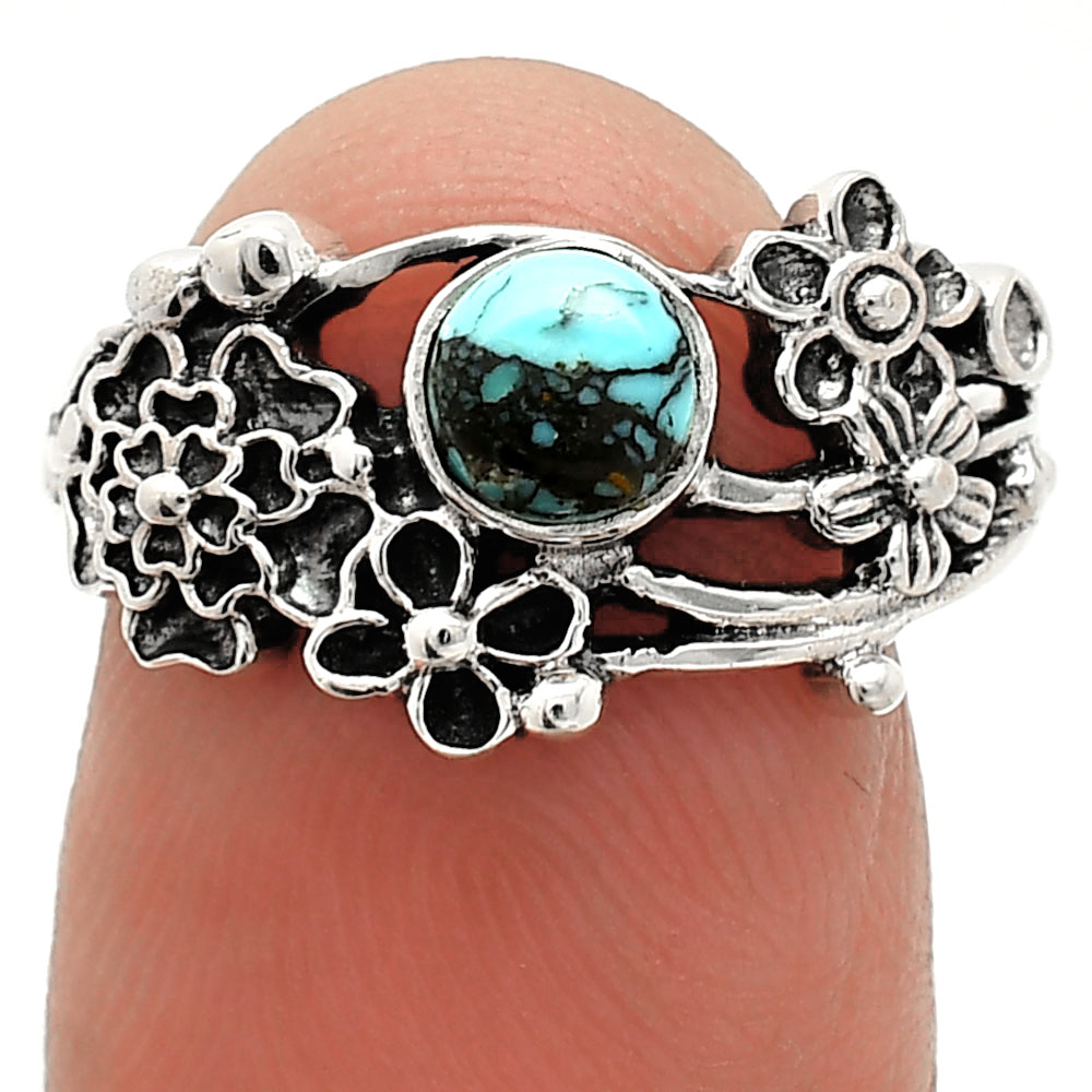 Floral Lucky Charm Tibetan Turquoise 925 Sterling Silver Ring s.8 Jewelry R-1041