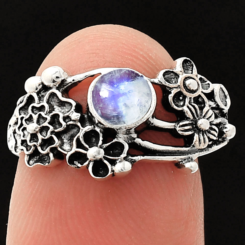 Floral - Rainbow Moonstone - India 925 Sterling Silver Ring s.8 Jewelry R-1041