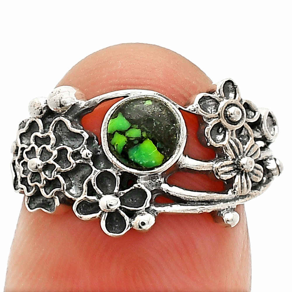 Floral - Green Matrix Turquoise 925 Sterling Silver Ring s.6 Jewelry R-1041