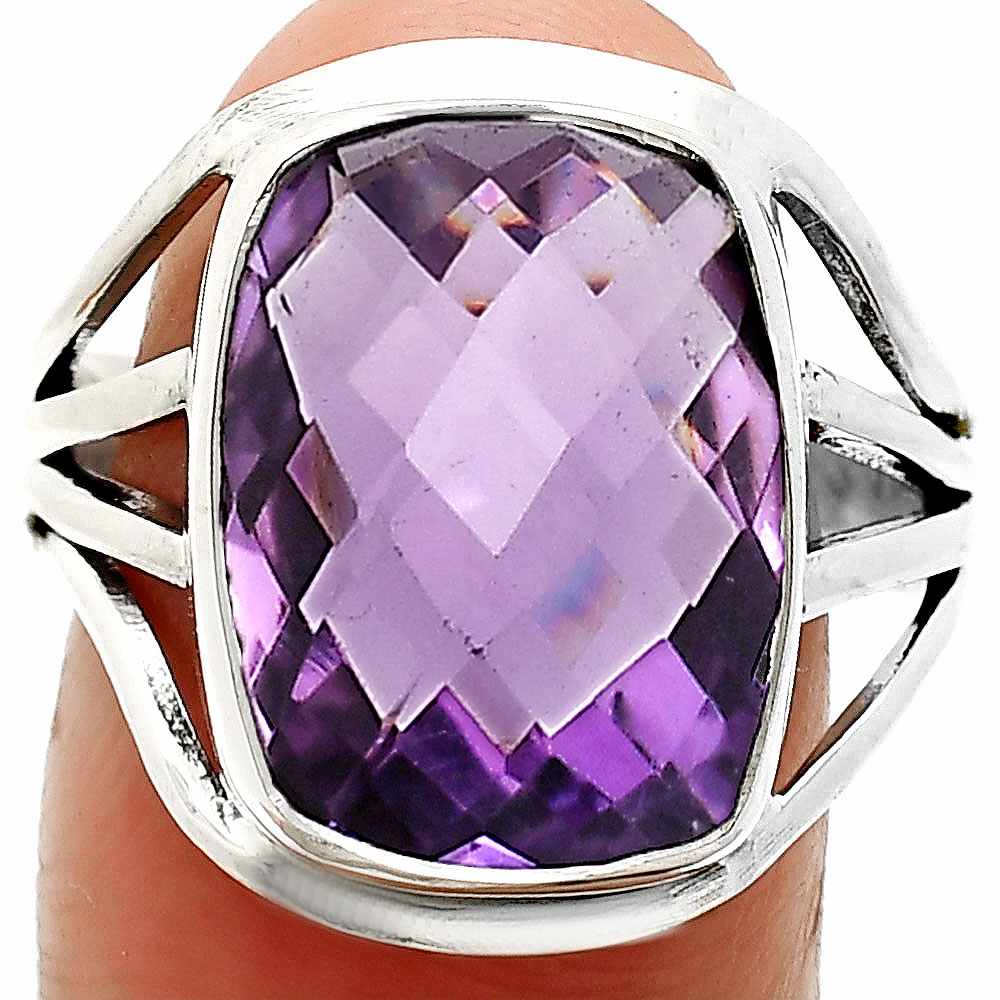 Amethyst Checker Briolette - Brazil 925 Sterling Silver Ring s.9 Jewelry R-1219