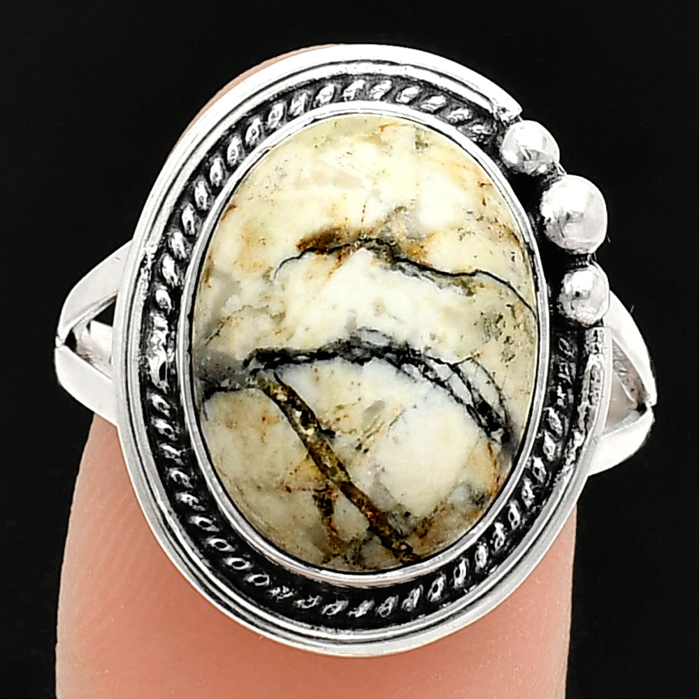 Authentic White Buffalo Turquoise Nevada 925 Silver Ring s.9 Jewelry R-1148