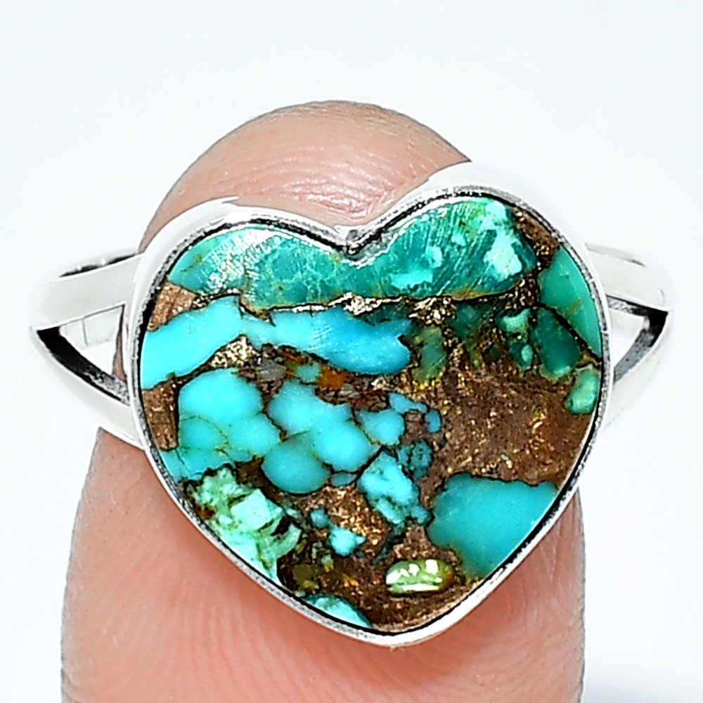 Heart - Kingman Copper Teal Turquoise 925 Silver Ring s.9.5 Jewelry R-1073