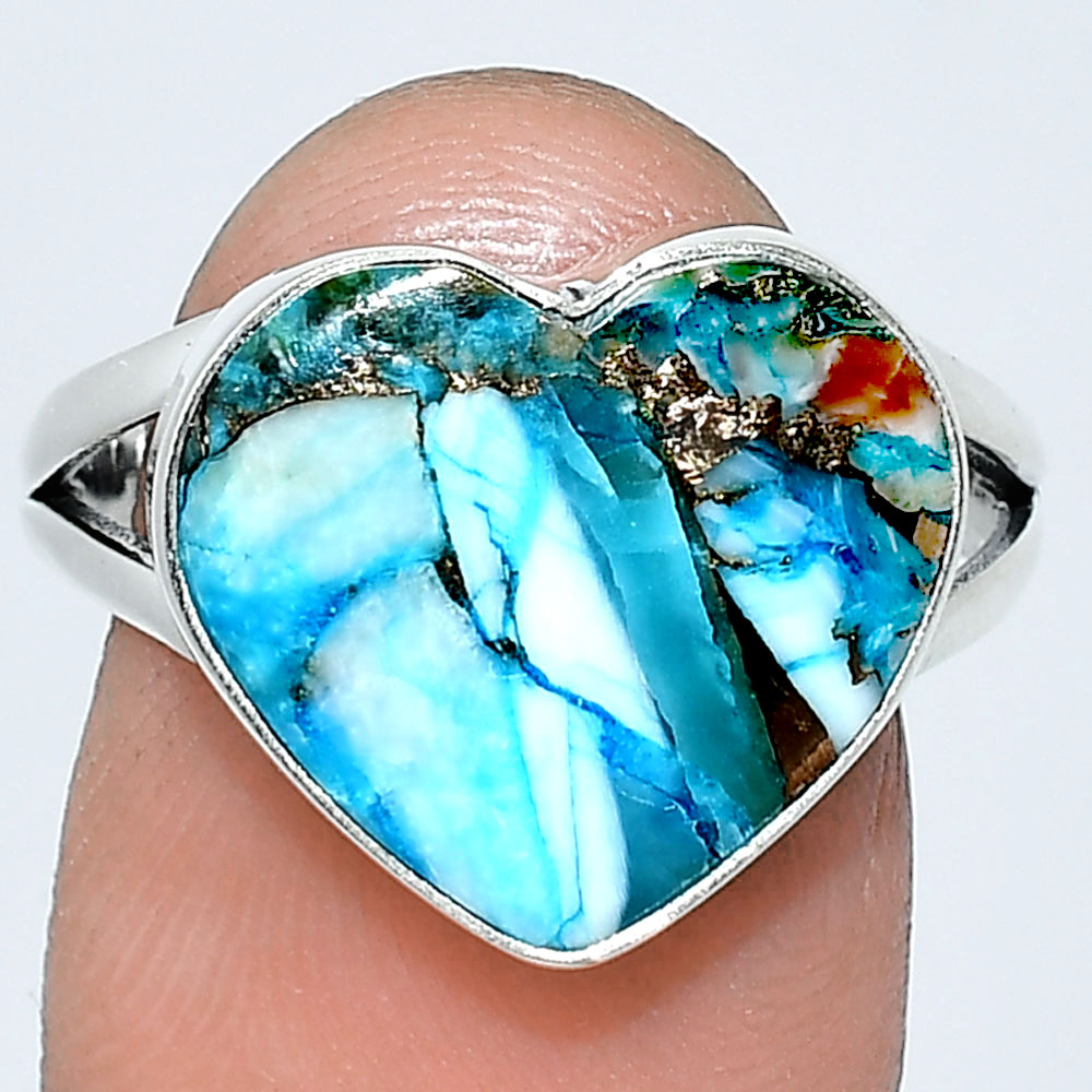 Heart - Spiny Oyster Turquoise 925 Sterling Silver Ring s.9 Jewelry R-1073