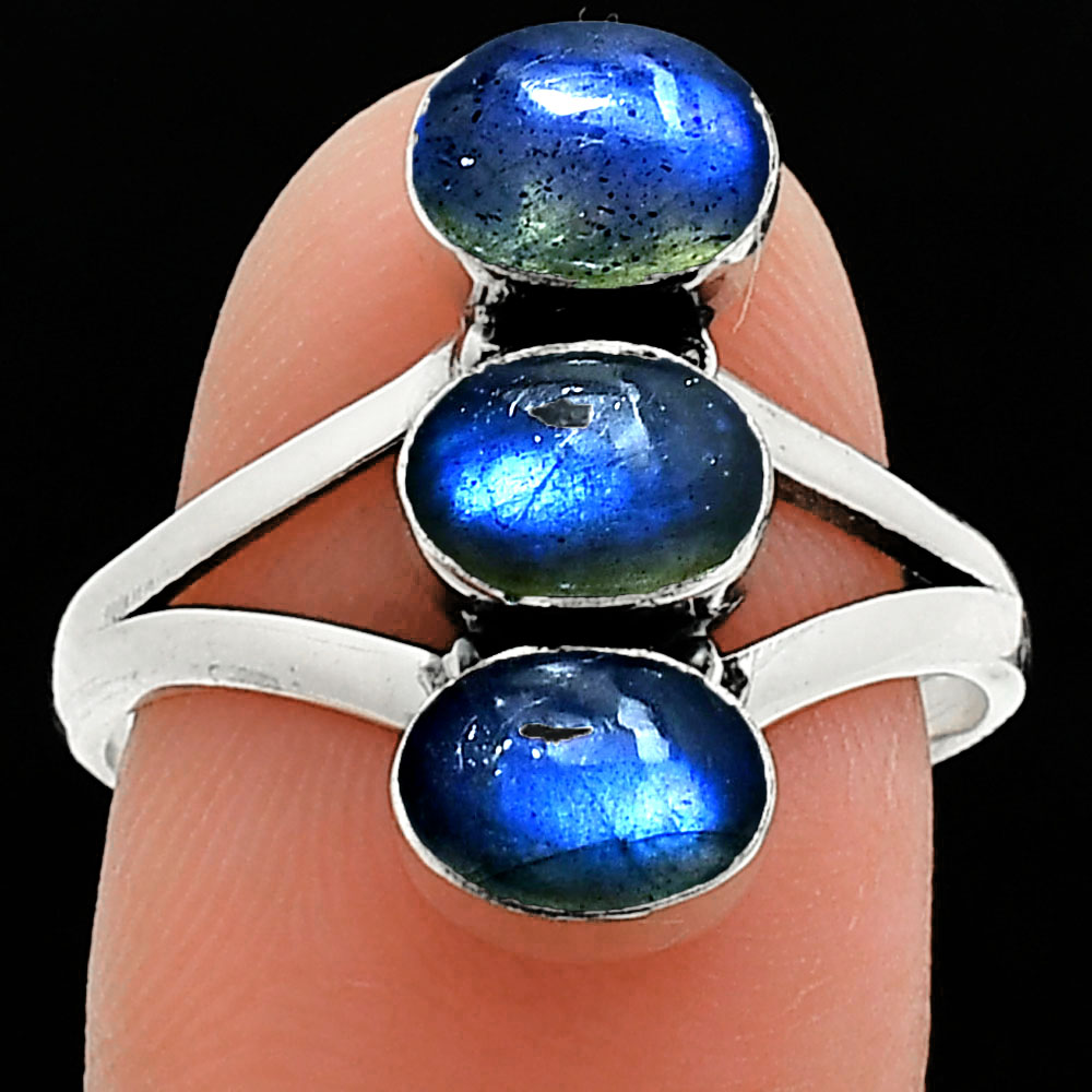 Blue Fire Labradorite - Madagascar 925 Sterling Silver Ring s.8 Jewelry R-1263