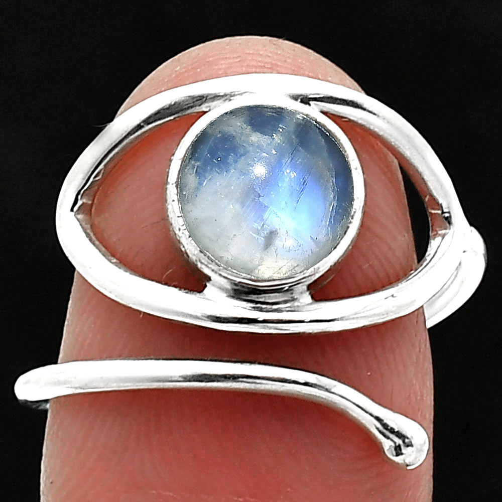 Eye - Rainbow Moonstone - India 925 Sterling Silver Ring s.8 Jewelry R-1254