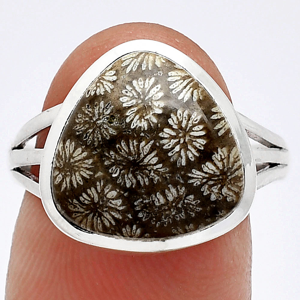 Natural Flower Fossil Coral 925 Sterling Silver Ring s.8 Jewelry R-1006