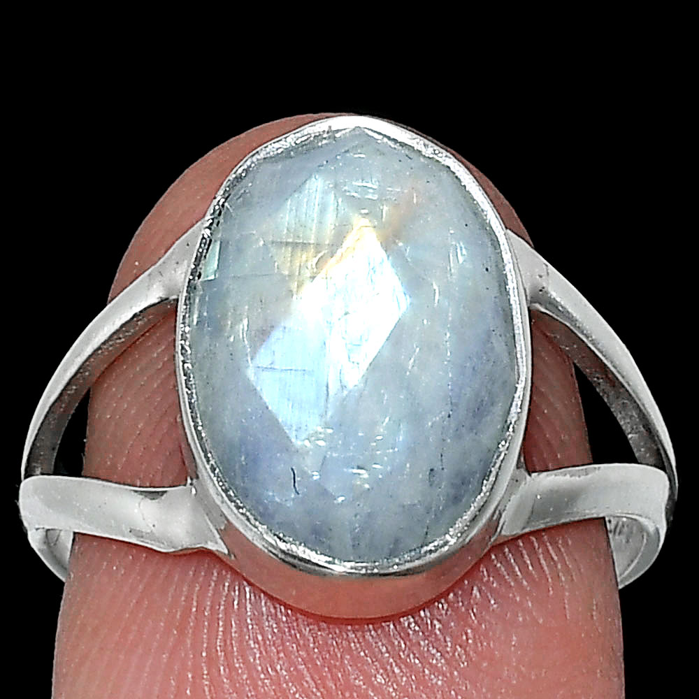 Rainbow Moonstone Checker - India 925 Sterling Silver Ring s.8 Jewelry R-1002