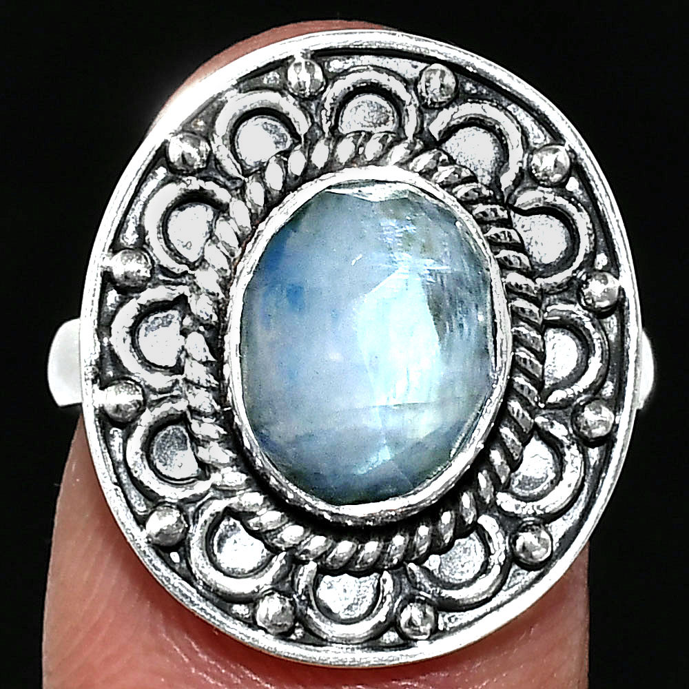 Rainbow Moonstone Checker - India 925 Sterling Silver Ring s.7.5 Jewelry R-1256