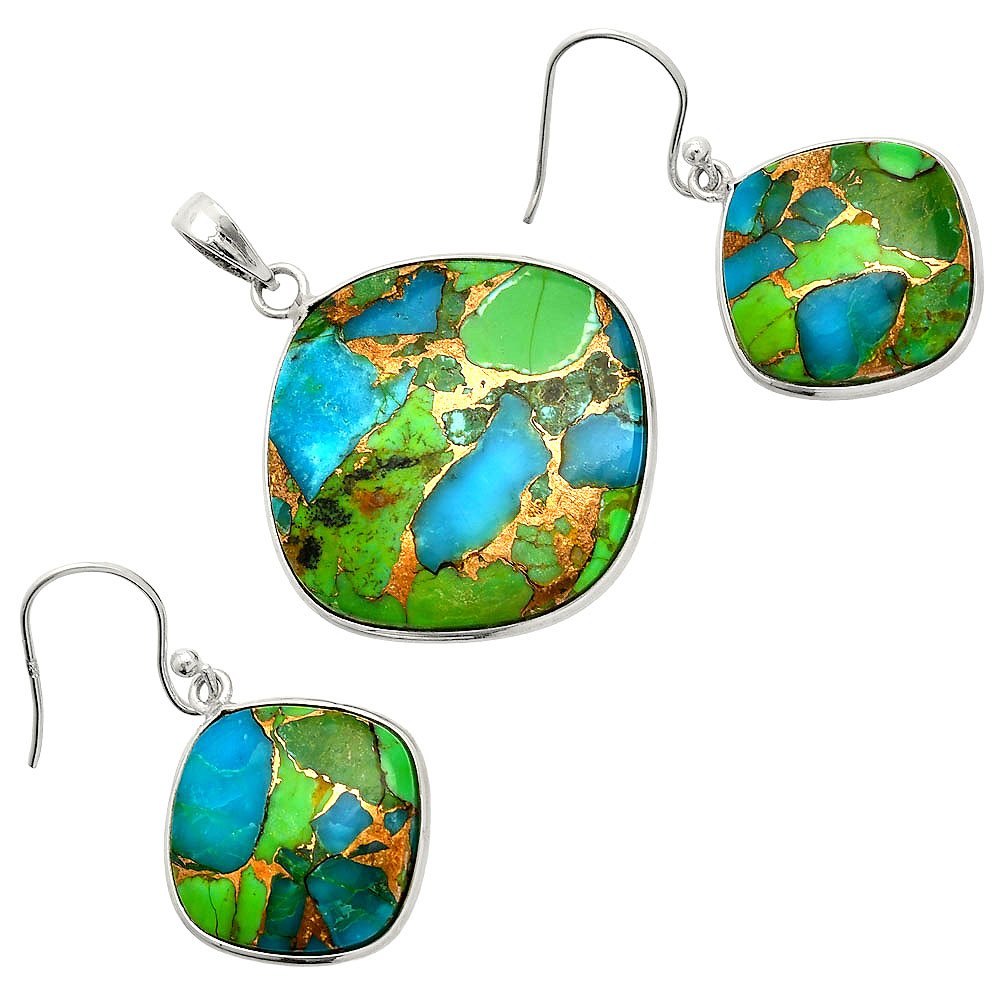 Blue Turquoise In Green Mohave 925 Silver Pendant Earrings Jewelry Set T-1001