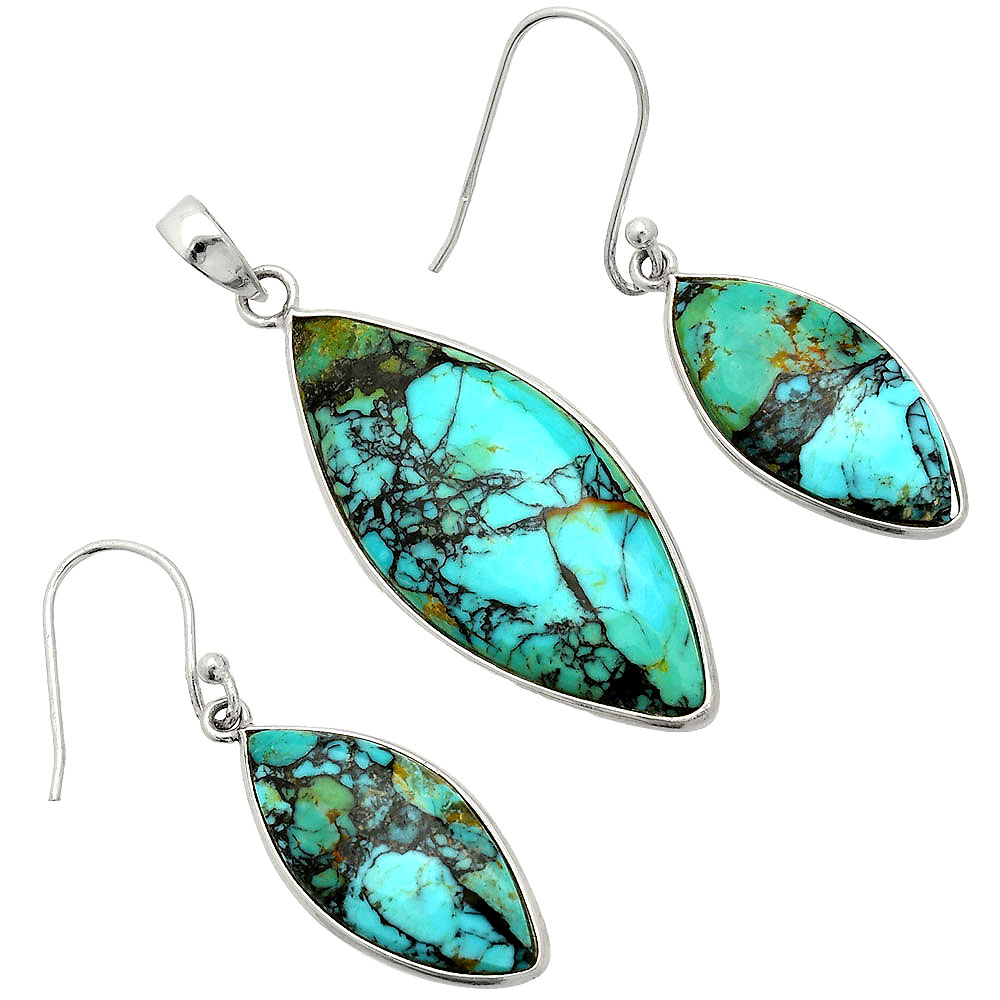 Lucky Charm Tibetan Turquoise 925 Silver Pendant Earrings Jewelry Set T-1001