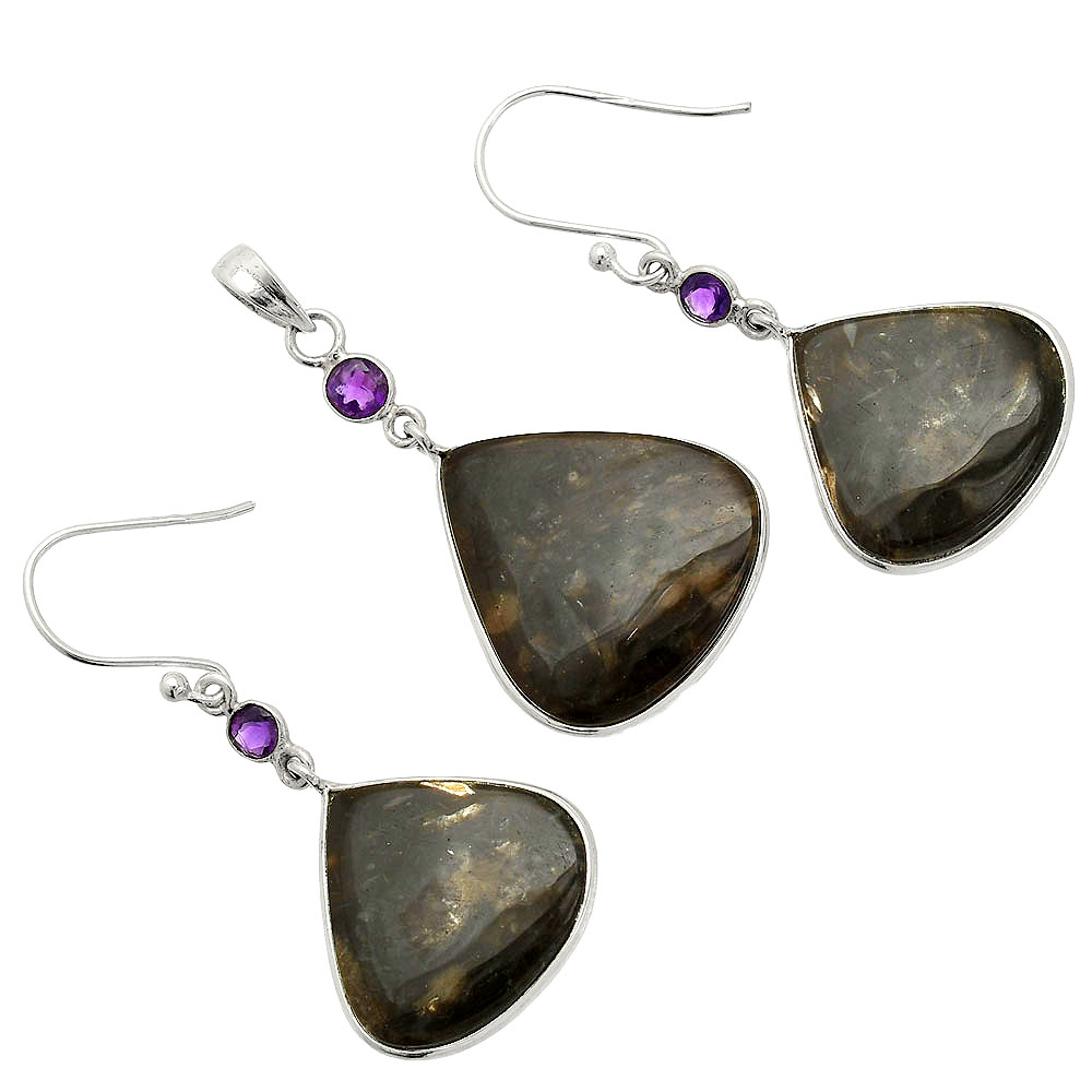 Palm Root Fossil Agate & Amethyst 925 Silver Pendant Earrings Jewelry Set T-1010