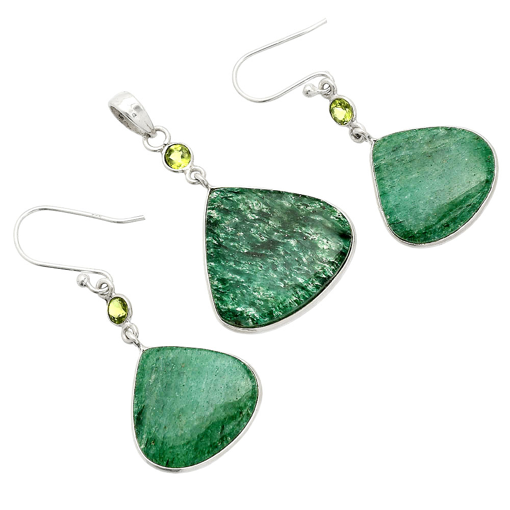Green Aventurine & Peridot 925 Silver Pendant Earrings Jewelry Set T-1010
