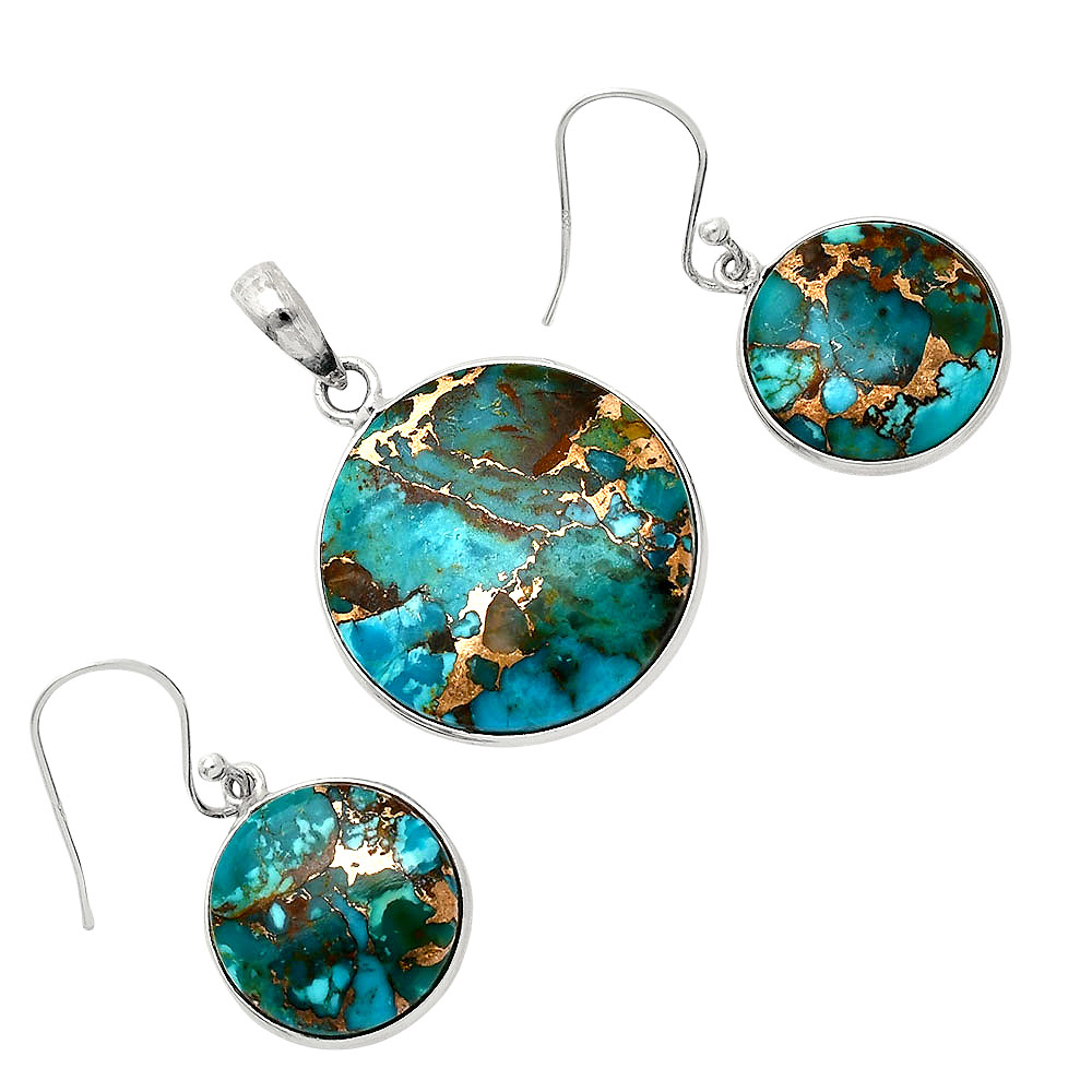 Kingman Copper Teal Turquoise 925 Silver Pendant Earrings Jewelry Set T-1001