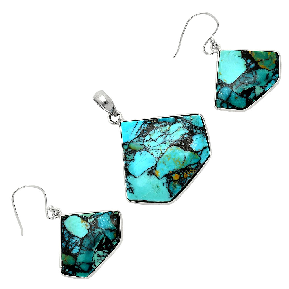 Lucky Charm Tibetan Turquoise 925 Silver Pendant Earrings Jewelry Set T-1001