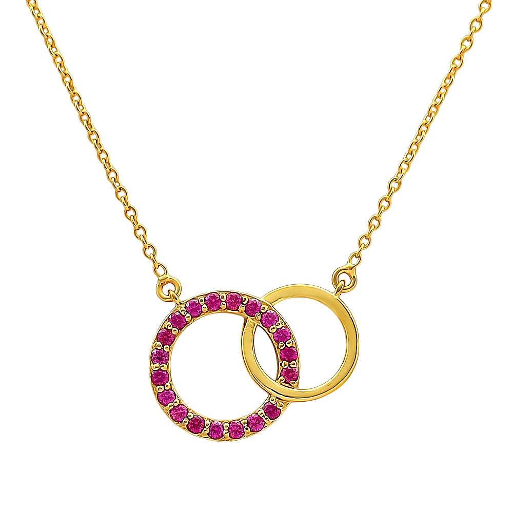 18K Gold Over Brass Linked Double Circles Necklace with Colored Stones TGN1002