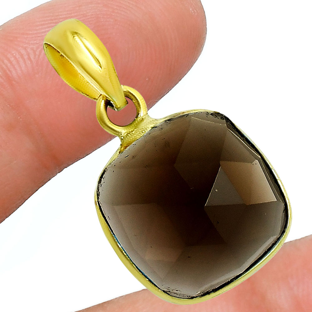 18K Gold Over Brass Smoky Blue Quartz Cushion Gemstone Pendant for Women TGP1003